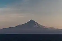 Shishaldin (9,373 ft; 2,857 m) volcano as seen from the Unimak Pass in the morning light.