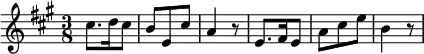 {\set Staff.midiInstrument = #"accordion" \key a \major \time 3/8 cis''8. d''16 cis''8 b'8 e'8 cis''8 a'4 r8 e'8. fis'16 e'8 a'8 cis''8 e''8 b'4 r8}