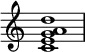 
{
\override Score.TimeSignature #'stencil = ##f
\relative c' {
   \clef treble
   \time 4/4
   \key c \major
   <c e g a d>1
} }
