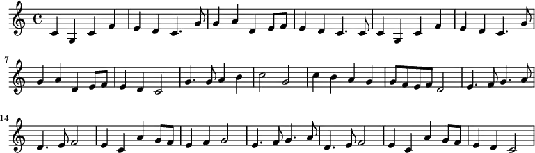 \relative c' { c g c f e d c4. g'8 g4 a d, e8 f8 e4 d c4. c8 c4 g c f e d c4. g'8 g4 a d, e8 f8 e4 d c2 g'4. g8 a4 b c2 g c4 b a g g8 f e f d2 e4. f8 g4. a8 d,4. e8 f2 e4 c a' g8 f e4 f g2 e4. f8 g4. a8 d,4. e8 f2 e4 c a' g8 f e4 d c2}