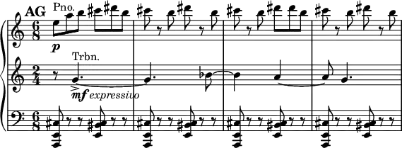 
\relative c {
	\new PianoStaff <<
		\new Staff {
			\set Score.tempoHideNote = ##t
			\tempo 4 = 184
			\set Score.markFormatter = #format-mark-box-numbers
			\mark #32
			\time 6/8
			e''8^"Pno."\p a b cis dis b
			cis8 r b dis r b
			cis8 r b dis dis b
			cis8 r b dis r b
		}
		\new Staff {
			\time 6/8
			\set Staff.timeSignatureFraction = 2/4
			\scaleDurations 3/2 {
				r8 g,4.~^"Trbn."_\markup{\dynamic{mf} \italic{expressivo}}-> g bes8~ bes4 a~ a8 g4.
			}
		}
		\new Staff {
			\time 6/8
			\clef bass
			<a,,, e' cis'>8 r r <e' bis' cis> r r
			<a, e' cis'>8 r r <e' bis' cis> r r
			<a, e' cis'>8 r r <e' bis' cis> r r
			<a, e' cis'>8 r r <e' bis' cis> r r
		}
	>>
}