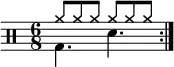     \new Staff <<
       \new voice \relative c' {
           \clef percussion
           \numericTimeSignature
           \time 6/8
           \set Score.tempoHideNote = ##t \tempo 4. = 80
           \stemDown \repeat volta 2 { g4. d' }
       }
       \new voice \relative c'' {
           \override NoteHead.style = #'cross
           \stemUp \repeat volta 2 { a8 a a  a a a }
       }
   >>