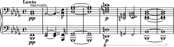  \new PianoStaff <<
  \new Staff \relative c {
    \clef bass \key bes \minor \time 4/4 \tempo "Lento" \set Staff.midiInstrument = #"trombone"
    <des bes>1-\pp^\markup { \italic "marcato" }
    \once \override Staff.TimeSignature #'stencil = ##f \time 33/32 % just to make the 16th note sound more consistent
    bes2~bes4.. <f' c>16*3/2
    \once \override Staff.TimeSignature #'stencil = ##f \time 4/4
    <bes ges des>1~q
    <d a f d>1-\p <bes, g d>2 <c a f ees> <des bes f des>1~q
  }
  \new Staff \relative c, {
    \clef bass \key bes \minor \time 4/4 \set Staff.midiInstrument = #"trombone"
    <f bes,>1-\pp
    \once \override Staff.TimeSignature #'stencil = ##f \time 33/32 % just to make the 16th note sound more consistent
    <ges ees>2~q4.. <f aes,>16*3/2
    \once \override Staff.TimeSignature #'stencil = ##f \time 4/4
    <ges ges,>1~q
    \ottava #-1 <d d,>1-\p g,2 f <bes bes,>1~q
  }
>> 