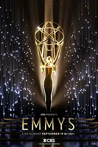 A poster featuring an Emmy statuette in front of a dark background with lights scattered around