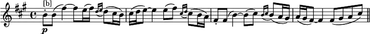 \relative c'''{\key a \major \time 4/4 b,8-.\p^"[b]" b( fis'4)~fis8 e16( fis) \appoggiatura {d16[e]} d8( cis16 b) cis( d e8~)e4 e8( fis) \appoggiatura{cis16[d]} cis8( b16 a) fis8-. fis( b4~) b8( cis) \appoggiatura{b16[cis]} b8( a16 gis) a( gis fis8~)fis4 fis8 (gis a cis) \bar "||"}\layout{\context{\Score
\override NonMusicalPaperColumn.line-break-permission = ##f
\override NonMusicalPaperColumn.page-break-permission = ##f}}