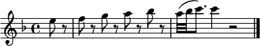 
\relative c'' {
  \key f \major
  \partial 4 e8 r |
  f8 r g r a r bes r |
  a32( bes c8.) c4 r2 | \bar "|."
}
