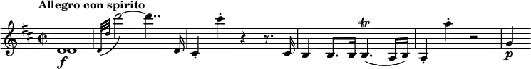 
\relative c' {
  \tempo "Allegro con spirito"
  \key d \major
  \time 2/2
  <<
    { d1\f | } \\
    { d1 | }
  >>
  \appoggiatura { d32[ d'] } d'2~ d4.. d,,16 |
  cis4-. cis''-. r r8. cis,,16 |
  b4 b8. b16 b4.\trill( a16 b) |
  a4-. a''-. r2 |
  g,4\p
}
