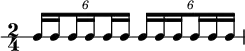  \new RhythmicStaff {
   \clef percussion
   \time 2/4
   \set Score.tempoHideNote = ##t \tempo 4 = 100
   \tuplet 6/4 { c16 \set stemRightBeamCount = #1 c \set stemLeftBeamCount = #1 c \set stemRightBeamCount = #1 c \set stemLeftBeamCount = #1 c c }
   \tuplet 6/4 { c16 c \set stemRightBeamCount = #1 c \set stemLeftBeamCount = #1 c c c }
}
