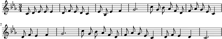 
{
% 0
 \set Score.tempoHideNote = ##t \tempo 4 = 72 \set Staff.midiInstrument = #"flute" 
\numericTimeSignature \time 3/4 \key c \minor \autoBeamOff
 c'8 d'8 ees'8 ees'8 ees'4 d'8 f'8 ees'8 d'8 c'4 ees'8 bes8 ees'4 f'4 g'2.
% 2
c''8 g'8 bes'8 aes'8 f'8 d'8 f'8 aes'8 g'8 ees'8 c'4 d'8 f'8 ees'4 f'4 g'2. c''8 g'8 bes'8 aes'8 f'8 d'8 f'8 aes'8 g'8 ees'8 c'4 d'8 f'8 ees'4 d'4 c'2.
\bar "|"
}
