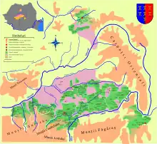 Detailed and bilingual Romanian-German map depicting the Transylvanian Saxon seats and historical lands in Transylvania.