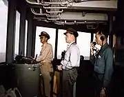 Bridge watch, USS Missouri (BB-63) shakedown cruise, 1944. Y1c Arthur Colton is at right.