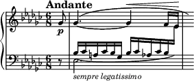 
\new PianoStaff <<
\new Staff = "Up" \with { \magnifyStaff #3/4 } <<
\new Voice \relative c' {
\clef treble
\tempo "Andante"
\set Score.tempoHideNote = ##t \tempo 4. = 60

\time 6/8
\key ees \minor
\partial 8
ges'8 \p \dynamicUp ges4.^(~ges4 \< f16 ees \! \hide r)
}
>>
\new Staff = "Down" \with { \magnifyStaff #3/4 } <<
\new Voice \relative c{
\clef bass
\key ees \minor
\stemUp
r8 bes'16_(ces a ces bes ges bes ces aes ces bes \change Staff = "Up" \stemDown ees) s
}
\new Voice \relative c{
\clef bass
s8 ees2._\markup{\italic sempre \italic legatissimo}
}
>>
>>
