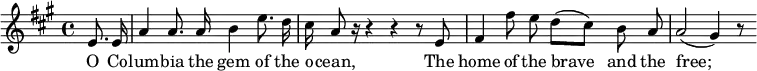 
  \new Staff {
    <<
      \new Voice = "one" \relative c' {
        \autoBeamOff
        \clef treble
        \key a \major
        \time 4/4

        \partial 8*2 e8. e16 |
        a4 a8. a16 b4 e8. d16 | cis16 a8 r16 r4 r r8 e8 |
        fis4 fis'8 e d([ cis]) b a | a2( gis4) r8
      }
      \new Lyrics \lyricsto "one" {
        O Co -- lum -- bia the gem of the o -- cean,
        The home of the brave__ and the free;__
      }
    >>
  }
