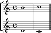 
    { << \new StaffGroup <<
        \new Staff <<
            \clef treble \time 4/4
            \relative c'' {
                \clef treble \time 4/4
                b1 c
                }
            >>
        \new Staff <<
            \clef treble \time 4/4
            \new Voice \relative c' {
                d1 c \bar "||"
                }
            >>
    >>
>> }
