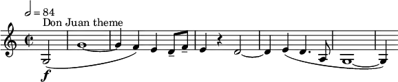  \relative c' { \tempo 2=84 \clef treble \time 2/2 \partial 2*1 g2(\f^"Don Juan theme" | g'1~ | g4 f) e d8-- f-- | e4 r d2~ | d4 e( d4. a8 | g1~ | g4) } 