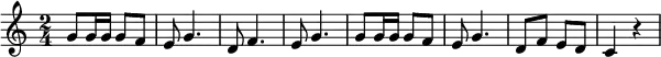 {\set Staff.midiInstrument = #"acoustic guitar (nylon)" \key c \major \time 2/4 g'8 g'16 g'16 g'8 f'8 e'8 g'4. d'8 f'4. e'8 g'4. g'8 g'16 g'16 g'8 f'8 e'8 g'4. d'8 f'8 e'8 d'8 c'4 r}