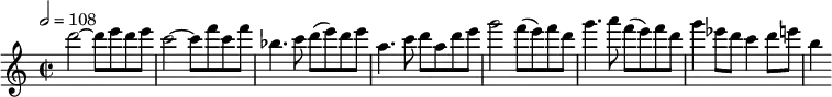 
  \relative c'' { \clef treble \time 2/2 \tempo 2 = 108 d'2~ d8 e d e c2~ c8 f c f bes,4. c8 d( e) d e a,4. c8 d a d e g2 f8( e) f d g4. a8 f( e) f d g4 ees8 d c4 d8 e b4 }
