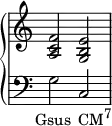 
    {
   \override Score.TimeSignature #'stencil = ##f
      \new PianoStaff <<
        \new Staff <<
            \relative c' {
                \clef treble \key c \major \time 4/4
                <a c f>2 <g b e>
                }
            >>
        \new Staff <<
            \relative c' {
                \clef bass \key c \major \time 4/4
                g_\markup { \translate #'(-2 . 0) { \concat { "Gsus" \hspace #1 "CM" \raise #1 \small "7" } } }
                c,
                }
            >>
    >> }
