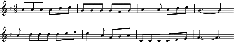 
\new Staff <<
\clef treble \key f \major {
      \time 6/8 \partial 2.
      \relative a' {
	a8 a a a bes c | g8 g g g f g | a4 a8 a bes c | g4.~ g4 \bar"" \break
        a8 | bes8 bes bes bes c d | c4 a8 f g a | c,8 c c c d e | f4.~ f4. \bar"" \break
      }
    }
%\new Lyrics \lyricmode {
%}
>>
\layout { indent = #0 }
\midi { \tempo 4. = 56 }
