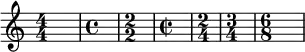  
{ 
   \override Score.SpacingSpanner.strict-note-spacing = ##t
    \set Score.proportionalNotationDuration = #(ly:make-moment 1/1)
   \key c \major 
   \relative c' { 
      \numericTimeSignature \time 4/4 s1
      \defaultTimeSignature \time 4/4 s1
      \numericTimeSignature \time 2/2 s1
      \defaultTimeSignature \time 2/2 s1
      \time 2/4 s2
      \time 3/4 s2.
      \time 6/8 s2.
} }
