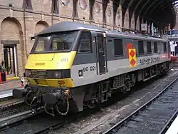 No.90021 in revised Railfreight "triple grey" livery, with Railfreight Distribution sector markings.