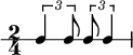  \new RhythmicStaff {
   \clef percussion
   \time 2/4
   \set Score.tempoHideNote = ##t \tempo 4 = 100
   \tuplet 3/2 { c4 c8 } \tuplet 3/2 { c8 c4 }
}
