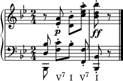 
    {
      \override Score.SpacingSpanner.strict-note-spacing = ##t
  \set Score.proportionalNotationDuration = #(ly:make-moment 1/12)
      \new PianoStaff <<
        \new Staff <<
            \relative c' {
                \clef treble \key bes \major \time 2/4
                r8 <es a>-.\p <d bes'>-.[ <c' es a>-.] <bes d bes'>-.\ff r
                }
            >>
        \new Staff <<
            \new Voice \relative c {
                \clef bass \key bes \major \time 2/4
                \stemUp <d bes'>8 \stemNeutral <f c'>-.[_\markup { \concat { "V" \raise #1 \small "7" \hspace #1.2 "I" \hspace #2 "V" \raise #1 \small "7" \hspace #1.7 "I" } }
                bes-.] <f, f'>-. <bes, bes'>-. r \bar "|."
                }
            \new Voice \relative c, {
                \clef bass \key bes \major \time 2/4
                \stemDown bes8
                }
            >>
    >> }
