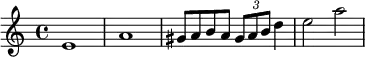 \relative c' {\set Staff.midiInstrument = #"flute" e1 a gis8 a b a \times 2/3 {gis a b} d4 e2 a2}