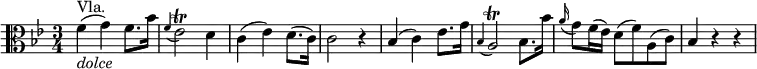 { \relative f' { \key bes \major \time 3/4 \clef "alto"
f4( ^"Vla." _\markup { \italic "dolce" } g) f8. bes16 | \appoggiatura f4 es2 \trill d4 |
c4( es) d8.( c16) | c2 r4 | bes4( c) es8. g16 | \appoggiatura bes,4 a2 \trill bes8. bes'16 |
\appoggiatura a16 g8 f16( es) d8( f) a,( c) | bes4 r r }}
\layout { \context {\Score \override SpacingSpanner.common-shortest-duration = #(ly:make-moment 1/8) }} 