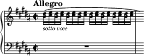 
\new PianoStaff <<
\new Staff = "Up" \with { \magnifyStaff #3/4 } <<
\new Voice \relative c' {
\clef treble
\tempo "Allegro"
\set Score.tempoHideNote = ##t \tempo 2 = 69
\key gis \minor
\time 2/2
<b' dis>16_\markup{\italic sotto \italic voce} ([<cis e> <b dis> <cis e>] <b dis> <cis e> <b dis> <cis e> <b dis> [<cis e> <b dis> <cis e>] <b dis> <cis e> <b dis> <cis e> \hide r16)
}
>>
\new Staff = "Down" \with { \magnifyStaff #3/4 } <<
\new Voice \relative c{
\clef bass
\key gis \minor
R1 s16
}
>>
>>
