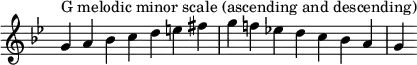  {
\omit Score.TimeSignature\relative c'' {
  \key g \minor \time 7/4 g^"G melodic minor scale (ascending and descending)" a bes c d e fis g f! es! d c bes a g
} }
