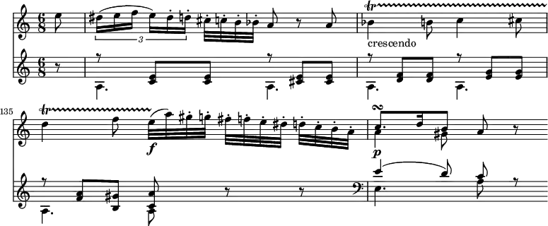 
<<
\relative a''
\new Staff {
\key a \minor
\time 6/8
\set Score.tempoHideNote = ##t
\tempo 8 = 120
\partial 8
e8
\set Score.currentBarNumber = #133
\tuplet 3/2 { dis16 (e  f  e) [ dis-. d-. ] }
cis32-. c-. b-. bes-.
a8 r a  bes4_"crescendo" \startTrillSpan b8
c4 cis8 
d4 f8  e32\f  \stopTrillSpan (a32) gis-. g-. fis-. [f-. e-. dis-.] d-. [ c-. b-. a-.]
 <<
      {
        \voiceOne
        c8.\p\turn d16 b8
      }
      \new Voice {
        \voiceTwo
        a4 gis8
      }
    >>
    \oneVoice
a8 r8
}
\new Staff {
\set Staff.midiInstrument = #"fortepiano"
\set Staff.midiMaximumVolume = #0.3
r8
 <<
      {
        \voiceOne
r8 <c' e'>8 <c' e'>8  r8 <cis' e'>8 <cis' e'>8  r8 <d' f'>8 <d' f'>8  r8 <e' g'>8 <e' g'>8  r8 <f' a'>8 <b gis'>8 <c' a'>8
      }
      \new Voice {
        \voiceTwo
a4. a a a
a a8
      }
    >>
\oneVoice
r8 r8
 <<
      {
        \voiceOne
e'4 (d'8) c' r
      }
      \new Voice {
        \voiceTwo
\clef "bass"
e4. a8
      }
    >>
}
>>
