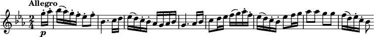 
 \relative c'' {
         \clef "treble" 
         \tempo "Allegro"
         \key ees \major
         \time 2/4 
         \tempo 4 = 120
     \partial 4 \partial 8   g'16-.\p aes-.
     bes (aes) g-. f-. ees8-. f-.
     bes,4. c16 d
     ees (d) c-. bes-. aes g aes bes
     g4. aes16 bes
     c8 d16 ees f (g) aes-. f-.
     ees (d) c-. bes-. ees8 f16 g
     aes8 aes g g
     f16 (d) ees-. c-. bes8
 }
