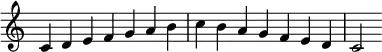   {
\override Score.TimeSignature #'stencil = ##f
\relative c' {
  \clef treble \key c \major \time 7/4 c4 d e f g a b c b a g f e d c2
} }
