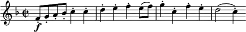 
\new Score {
  \new Staff {
    \relative c' {
      \time 2/2
      \clef treble
      \key f \major
      \set Score.tempoHideNote = ##t
      \tempo 2 = 100
      f8-.\f g-. a-. bes-. c4-. c4-. | d4-. e-. f-. e8(f) |
      g4-. c,-. f-. e-. | d2( c4-.)
    }
  }
}

