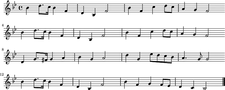 
\new Staff <<
\clef treble \key bes \major {
      \time 4/4 \partial 1    
      \relative bes' {
	bes4 d8. c16 bes4 f | d4 bes f'2 | bes4 f c' d8 c | a4 g f2 \bar"" \break
        bes4 d8. c16 bes4 f | d4 bes f'2  | bes4 f c' d8 c | a4 g f2 \bar"" \break
        d4 g8. fis16 g4 a | bes4 g a2 | d4 g, es'8 d c bes | a4. g8 g2 \bar"" \break
        bes4 d8. c16 bes4 f | d4 bes f'2  | bes4 f g f8 es | d4 c bes2 \bar"|."
      }
    }
%\new Lyrics \lyricmode {
%}
>>
\layout { indent = #0 }
\midi { \tempo 4 = 86 }
