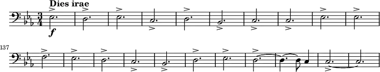  
    \relative c {
        \set Score.tempoHideNote = ##t \tempo 2 = 86
        \set Staff.midiInstrument = #"trombone"

        \set Score.currentBarNumber = #127
        \key c \minor
        \time 3/4
        \clef bass
      
        es2.->\f^\markup { \large \bold "Dies irae" }
        d->
        es->
        c->
        d->
        bes->
        c->
        c->
        es->
        es-> \break
        f->
        es->
        d->
        c->
        bes->
        d->
        es->
        d~->
        d4.~ d8 c4
        c2.~->
        c2.
    }
