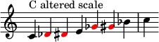  {
\override Score.TimeSignature #'stencil = ##f
\relative c' { 
  \clef treble \time 7/4 c4^\markup { C altered scale }
  \override NoteHead.color = #red des dis
  \override NoteHead.color = #black e
  \override NoteHead.color = #red ges gis
  \override NoteHead.color = #black bes c
  }
}
