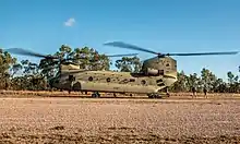 Colour photograph of a twin-rotored helicopter on the ground