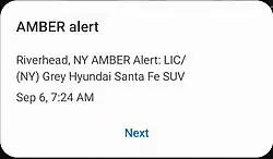 An amber alert on Android. An amber alert on Android. Text reads in all caps "Riverhead, NY AMBER Alert: LIC/ [license plate removed] (NY) Grey Hyundai Santa Fe SUV".