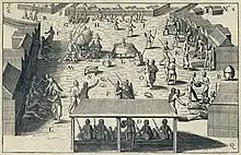 A large market square surrounding more than twenty houses with slave trading posts and a covered area for African nobility and Caboceers.