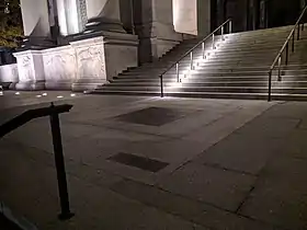 The plaza in front of the American Museum of Natural History, at night. This is the location where the Equestrian Statue of Roosevelt stood.