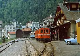 Repainted 1914 railcar at Le Sepey