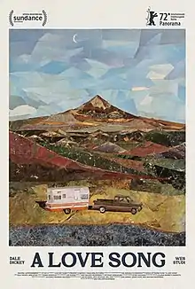 A poster featuring a pick-up truck parked in front of a mountain horizon.