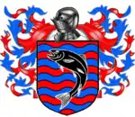 A coat of arms showing a black fish on field of rippling red and blue