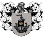 A coat of arms showing a black ship with a white onion on his sail on a field of grey.