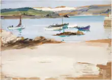 Painting by Craig of fishing boats in a harbour