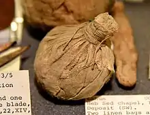 A bag of white linen, unopened. Contains rolls of linen only. Foundation deposit, Heb Sed Chapel at Lahun, Fayum, Egypt. 12th Dynasty. The Petrie Museum of Egyptian Archaeology, London