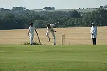 A cricket bowler on Broadhalfpenny Down in mid delivery