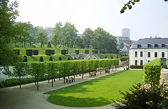 Clipped trees in a formal bosquet form the Promenade des abbesses